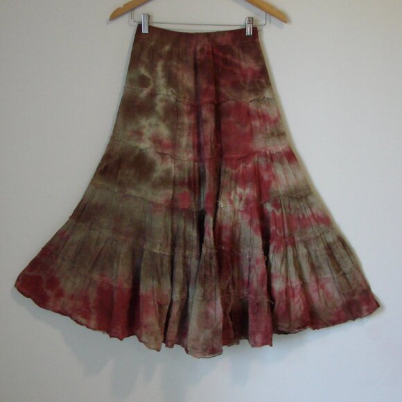 Maxi Skirt Boho Festival Prairie Western Cowgirl Tie Dye Brown Rust Fray Medium - Picture 2 of 15